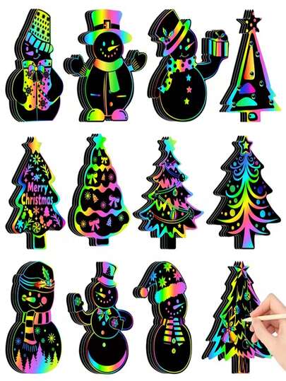 60-Piece Magical Rainbow Scratch-Off Paper Card Set, Christmas Craft Scratch Art, For Snowmen And Christmas Trees, Includes 24 Scratch-Off Sheets, 12 Bamboo Pens, 24 Colorful Strings, Christmas Ornament Party Gift Materials, Christmas Series Scratch-Off Masks, Colorful DIY Cartoon Masks For Kids, Very Suitable For DIY Craft-Themed Party Activities.
