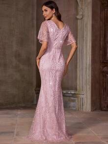 EVERLYL Elegant Luxury Lotus Pink Embroidered Sequins & Rhinestones Evening Deep V-NeckDress, Ruffle Sleeves Formal Prom Gown, For Wedding Guest, Graduation, Dinner - Pink - View 2