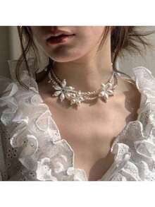 Xiaoxiangfeng Handmade Flower Pearl Beaded Necklace Women Sweet Light Luxury Exquisite Choker Niche High-End Clavicle Chain - Dây chuyền hai lớp hoa ngọc trai 3D - Xem 6
