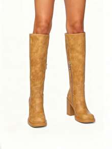 Women's Knee High Boots Square Toe Chunky Block Heeled Wide Calf Side Zipper Platform Boots For Women Riding Tall Boots Comfortable Fall Winter Long Boots - Màu vàng - Xem 2
