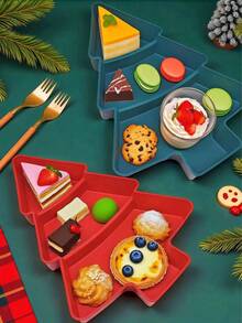 1 Pieza Bandeja con forma de árbol de Navidad con múltiples compartimentos para frutas secas, aperitivos y dulces, adecuada para servir alimentos, aperitivos, bebidas, sushi, pizza, postres, pasteles y pan, bandeja de desayuno, bandeja de café, bandeja de té, bandeja de charcutería, utensilios de cocina para el hogar, bandeja de servicio reutilizable con ambiente festivo, Navidad