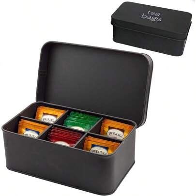 AuldHome Design AuldHome Enamelware Tea Bag Box Black Classic Sleek Style Storage Tin Tea Bag Box (6Compartment)