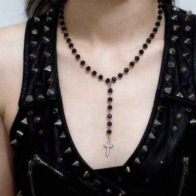 1pc Black Punk Style Rhinestone Cross Multi-Layer Beaded Choker Necklace, Fashionable European And American Chic Luxury Feel, Suitable For Parties, Gatherings, Daily Wear, Friend Gifts