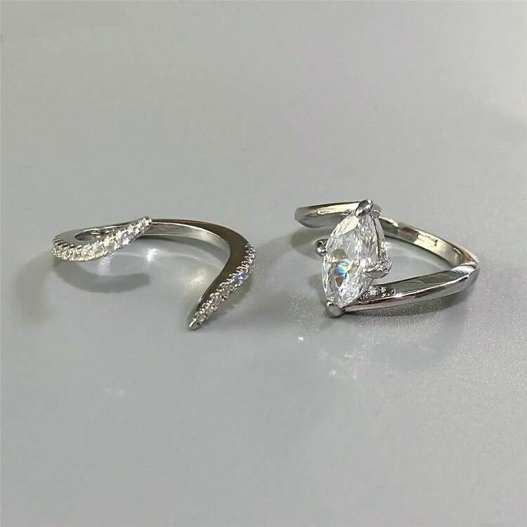 VKHK 2pcs/Set Luxury Sparkling Zirconia Stacking Rings Set, Suitable As Wedding Gift For Women - Ring Set - View 15