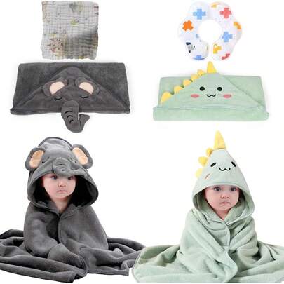 2Pcs Toalla de Baño para Bebe,Toalla de Baño para Bebe con Capucha, Super Absorbente,con Toalla pequeña y Baberos para Bebé, para Niñas Niños. (Gris y Verde)