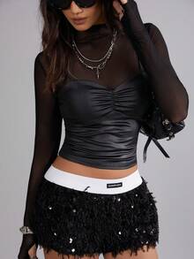 Ella Vee Fall Clothes For Women,Women's Elegant Faux Layered Top, Black Mesh And Leather Look Slim Fit Tee, Versatile Night Out Shirt For Date & Holiday Parties,Christmas