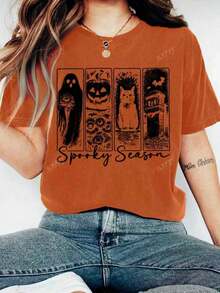 Nightmare Before Christmas, Halloween Clothes, Women Halloween Costumes, Women Halloween Costumes, Women Halloween Costumes, Halloween T-Shirt Autumn Ghost Pattern Women Casual Round Neck Short Sleeve T-ShirtCómodo Y Transpirable - 橘色 - 查看 5