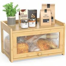 BAMBANG Extra Large Bamboo Bread Box For Kitchen Counter, Bread Storage Container Farmhouse Bread Box With 3 Sides Wavy & Back Clear Window, Breadbox Bread Bin Holder For Homemade Bread, Natural - FD-2T-nT-jP - View 1