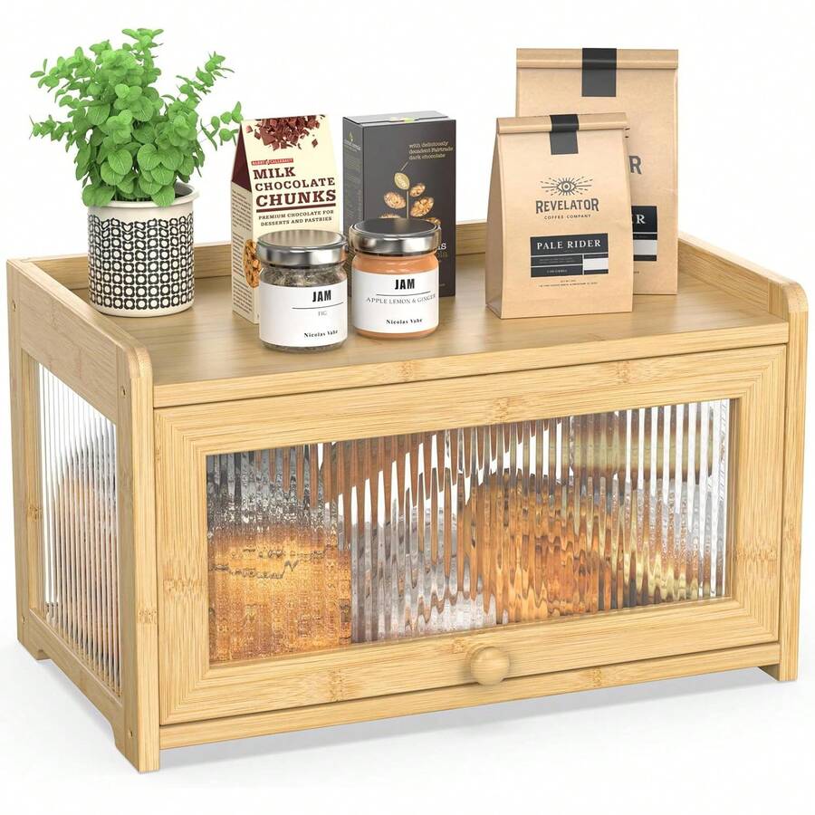 BAMBANG Extra Large Bamboo Bread Box For Kitchen Counter, Bread Storage Container Farmhouse Bread Box With 3 Sides Wavy & Back Clear Window, Breadbox Bread Bin Holder For Homemade Bread, Natural - FD-2T-nT-jP - View 1