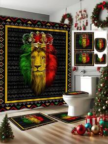 4 pièces Ensemble de salle de bain avec imprimé géométrique couronne et lion, rideau de douche imperméable avec crochets, tapis en U, housse de siège de toilette, tapis en L, accessoires de salle de bain, décoration de salle de bain, décoration de Noël