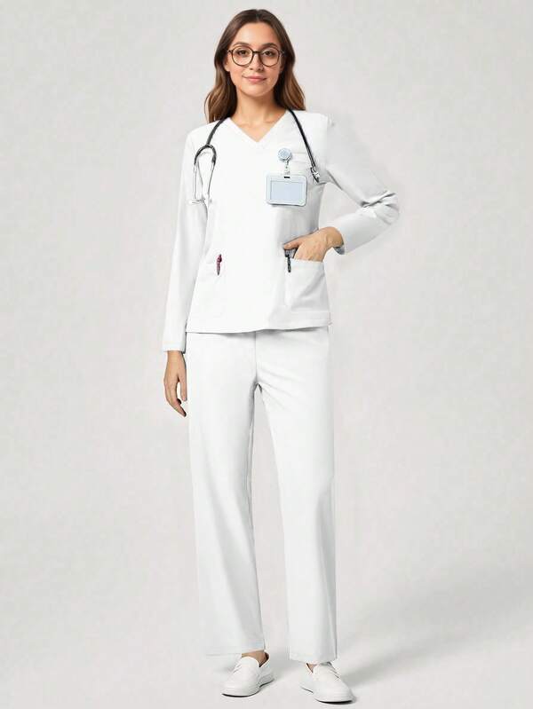 Conjunto de ropa de trabajo informal para mujer que incluye blusa de manga larga escote en V con múltiples bolsillos y pantalones de cintura elástica - Uniforme para enfermeras, dentistas, cuidado de la salud, mascotas, hospital, laboratorio