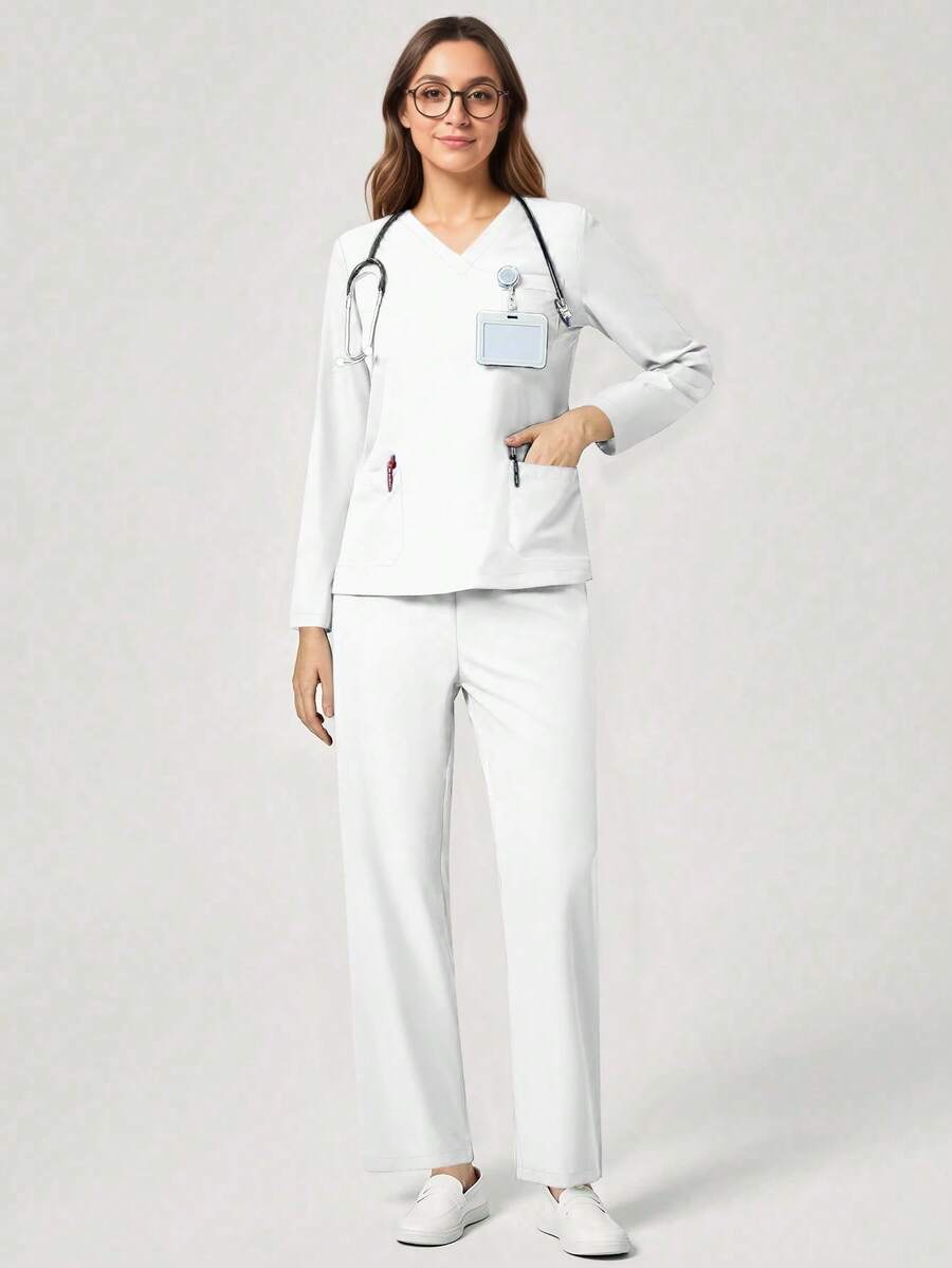 Women's Casual V-Neck Long Sleeve Multi-Pocket Loose Top & Elastic Waist Pants Scrubs Nurse Scrubs Workwear Dentist Healthcare Pet Hospital Laboratory Uniforms Set - White - View 1