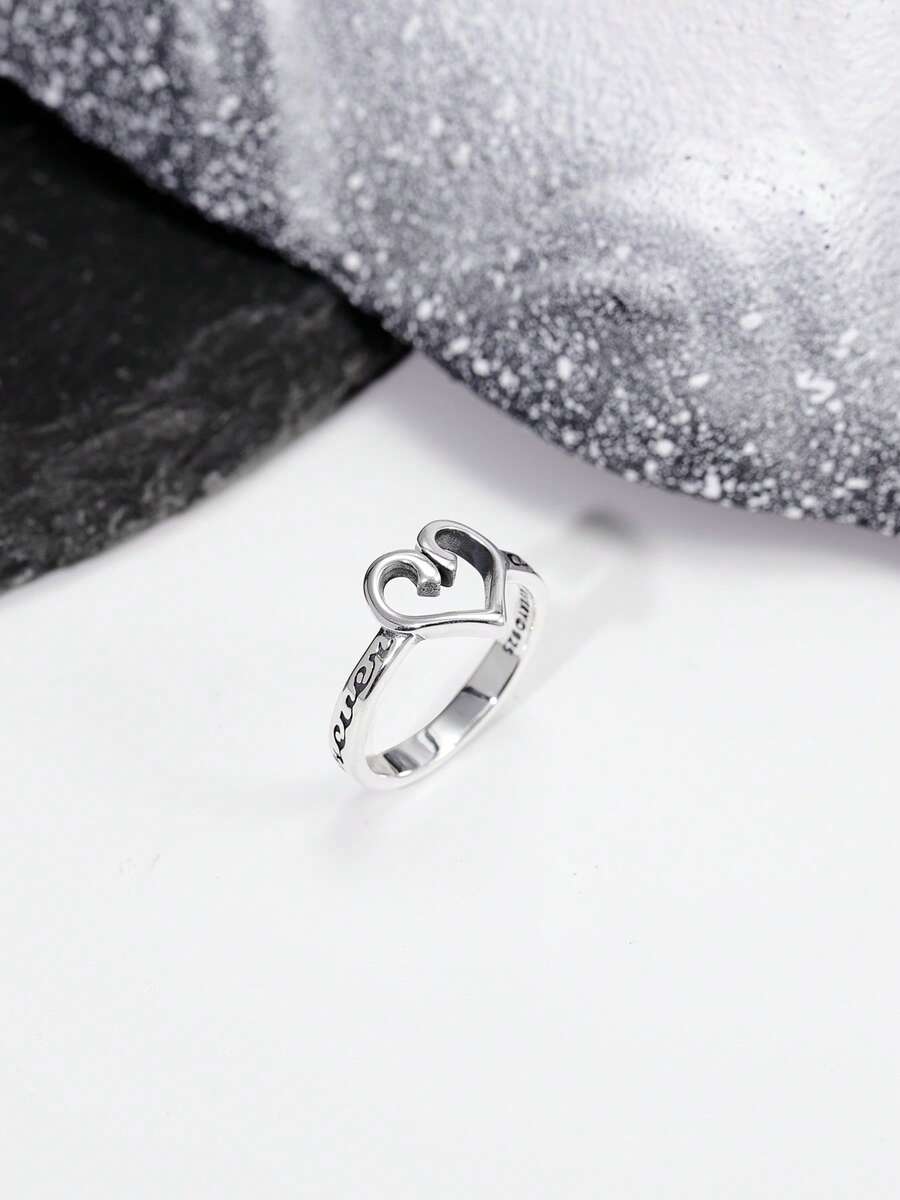 Sterling Silver Open Heart Ring, Dainty Vintage Engraved Love Ring, Unique Gift For Women - Màu Bạc Cổ - Xem 1