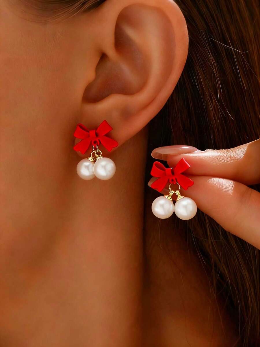 1 Pair Minimalist Bow Pearl Pendant Elegant Earrings For Women, Excellent Christmas, New Year Gift