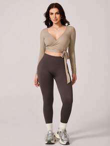 NcmRyu 1 件女式弹力性感 V 领系带扭结短款长袖运动 T 恤 - 卡其色 - 查看 5