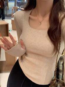 女式方领长袖针织毛衣，修身叠穿上衣，秋冬 - 燕麥色 - 查看 4