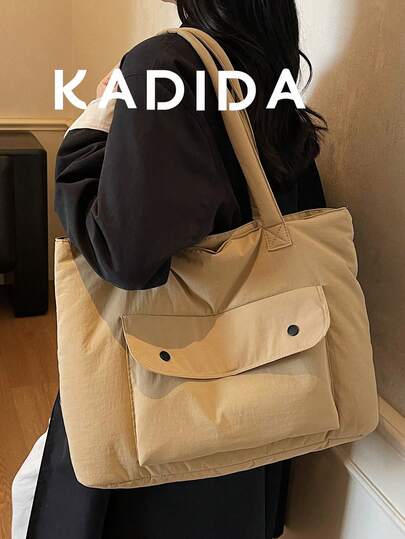 1 pieza Bolso de mano grande de unicolor y simple para mujer, bolso de hombro con múltiples bolsillos, adecuado para salidas, viajes, compras, vacaciones