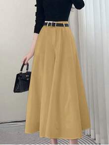 Solid Color High Waist Skirt With Pockets On Both Sides And Wide Hem - Cream - View 1
