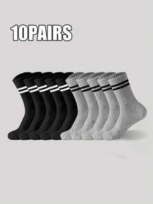 3/5/10 Pairs Of Striped Mid-Calf Socks, Crew Socks, Comfortable And Breathable, Men's And Women's Long Socks, White Socks, Suitable For Daily, Sports, Fall Socks - Multicolor - View 12