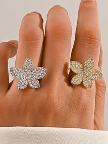 1 pieza Anillo abierto exagerado con zirconia incrustada en un diseño floral lujoso y de moda, adecuado como regalo para mujeres en bodas, fiestas, vacaciones, Día de San Valentín, Día de la Madre