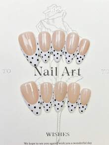 10 móng tay giả thủ công kiểu Almond Stiletto, móng giả dán màu trung bình, màu hồng nude nhẹ nhàng, móng trắng kiểu Pháp, chấm bi đen, móng tay thủ công đơn giản thanh lịch mùa thu, móng giả dán kiểu mùa thu, phong cách Y2K, thích hợp cho lễ hội, tiệc tùng, sử dụng hàng ngày và hẹn hò, đi biển, nghỉ dưỡng nhiệt đới, tự làm móng nghệ thuật phù hợp cho phụ nữ và bé gái làm quà tặng, dụng cụ làm móng, móng giả dán thủ công. - trắng - Xem 1