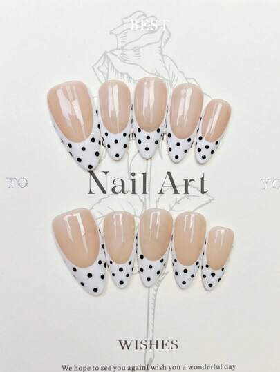 10pcs Handmade Nails Almond Stiletto Nails Press On Nails Medium, Gentle Nude Pink Nails, White French Tip Nails, Black Polka Dot, Simple Elegant Handcrafted Autumn Nails, Fall Press On Nails, Y2K Style Festival Nail Party Daily & Dating Use Beach Tropical Getaway Suitable,DIY False Nail Art Suitable For Women & Girls As Gift Nail Supplies