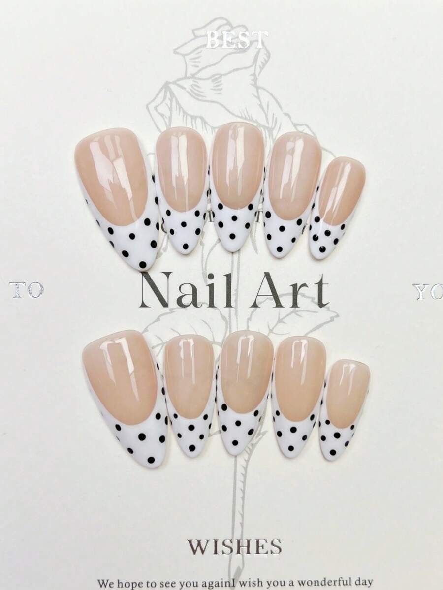 10 móng tay giả thủ công kiểu Almond Stiletto, móng giả dán màu trung bình, màu hồng nude nhẹ nhàng, móng trắng kiểu Pháp, chấm bi đen, móng tay thủ công đơn giản thanh lịch mùa thu, móng giả dán kiểu mùa thu, phong cách Y2K, thích hợp cho lễ hội, tiệc tùng, sử dụng hàng ngày và hẹn hò, đi biển, nghỉ dưỡng nhiệt đới, tự làm móng nghệ thuật phù hợp cho phụ nữ và bé gái làm quà tặng, dụng cụ làm móng, móng giả dán thủ công. - trắng - Xem 1