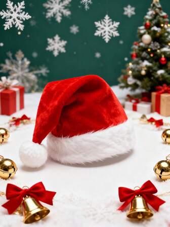 1 pieza Gorro de Papá Noel rojo esponjoso con borde y forro de peluche para adultos hombres y mujeres - Suministros y regalos para fiestas de Navidad y Año Nuevo