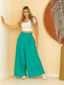 Women's Wide Leg High Waist Wide Leg Pants - Mint Blue - View 5
