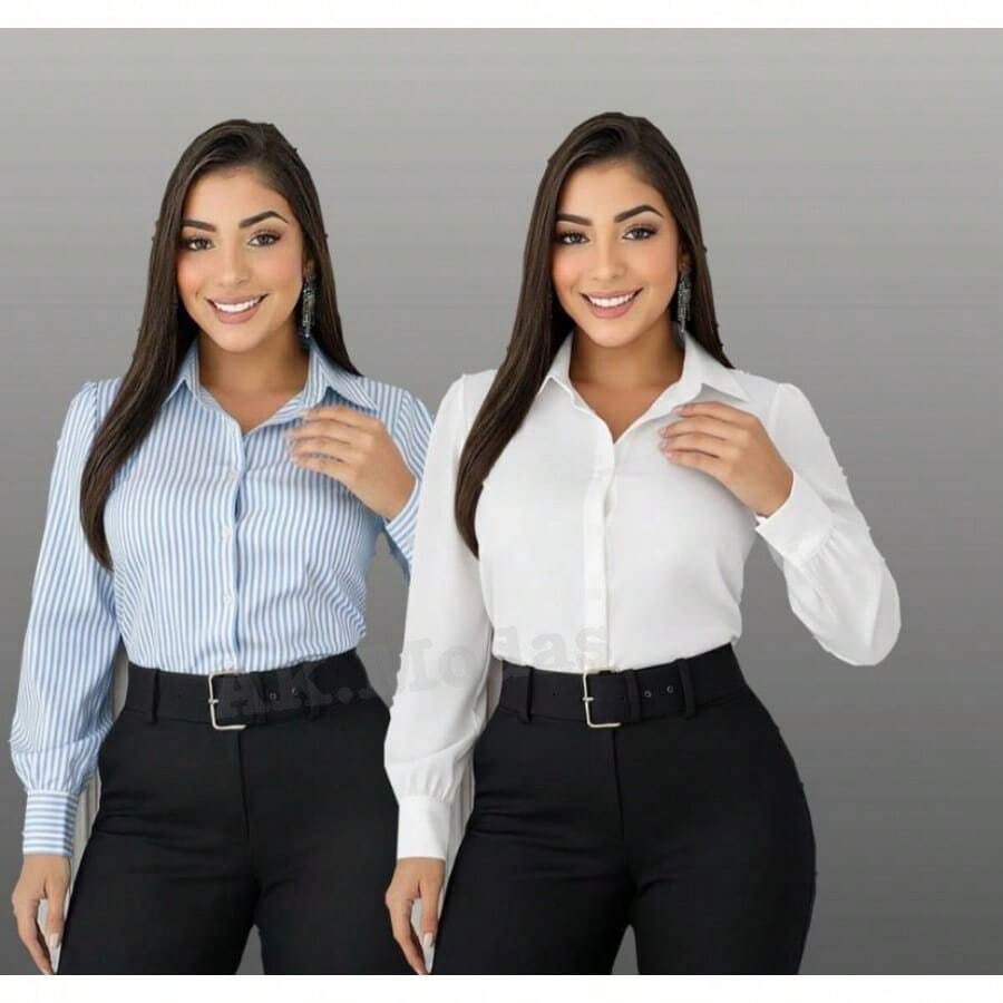 2-Piece Women's Dress Shirt Kit, One In Each Color, Tendecia Feminine - Áo sơ mi sọc xanh và áo sơ mi trắng một màu - Xem 1