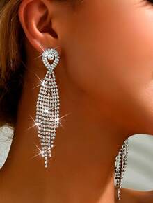 2pcs Fashion Long Fringe CZ Crystal Women's Earrings, Copper Alloy Zirconia Inlay, Shiny And Fashionable, Suitable For Parties And Daily Wear