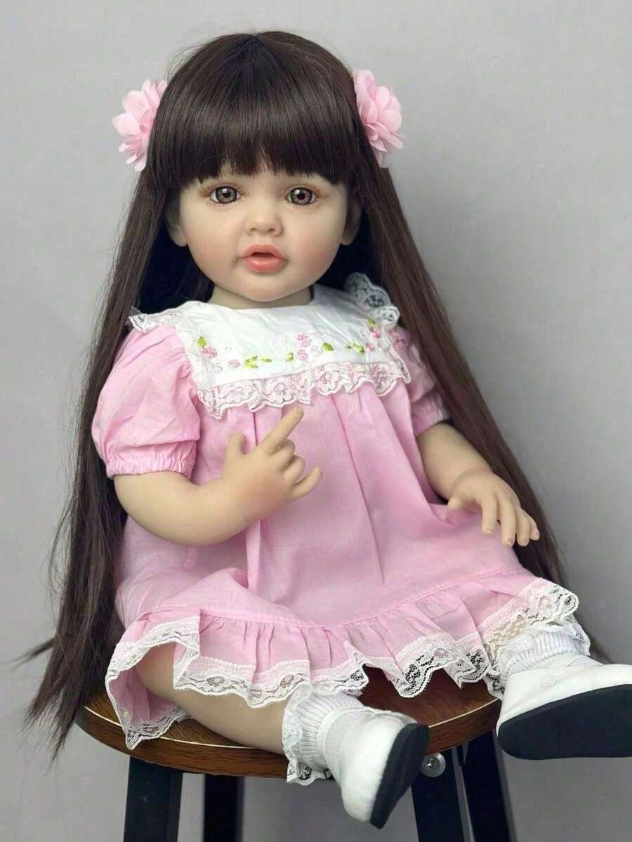 55 CM Like Real Full Soft Vinyl Reborn Doll 22 Inch Alive Newborn Bebe Lovely Christmas Gift (Some Parts Random, Including Pacifier, Bottle, Hair Accessories And Clothes Set) - Rosa - Ver 1