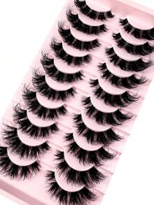 10Pairs 5D Fluffy Cat Eye Wispy False Eyelashes Natural Long Lashes Transparent Band Faux Mink Lashes Thick Soft Curly Lashes Strip Lashes, Lashes, Eyelashes, Fake Lashes Reusable, Soft, Lightweight, Faux Mink Strip Lashes - 黑色 - 查看 4
