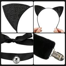 3 PCS Black Cat Costume Accessories Set For Women Black Cat Ears Headband Long Tail And Bell Choker Necklace Halloween Cats Cosplay Accessory Kit For Halloween Cosplay Dress Up Party Costume
