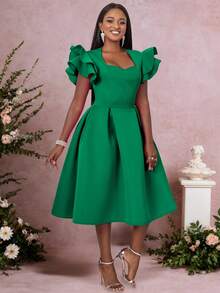 Women's Sweetheart Collar Ruffle Flare Hem Swing Party Dress With Cap Flared Sleeves