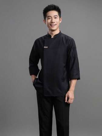 New Men's Long Sleeve Solid Color Chef Jacket With Mandarin Collar, High-End