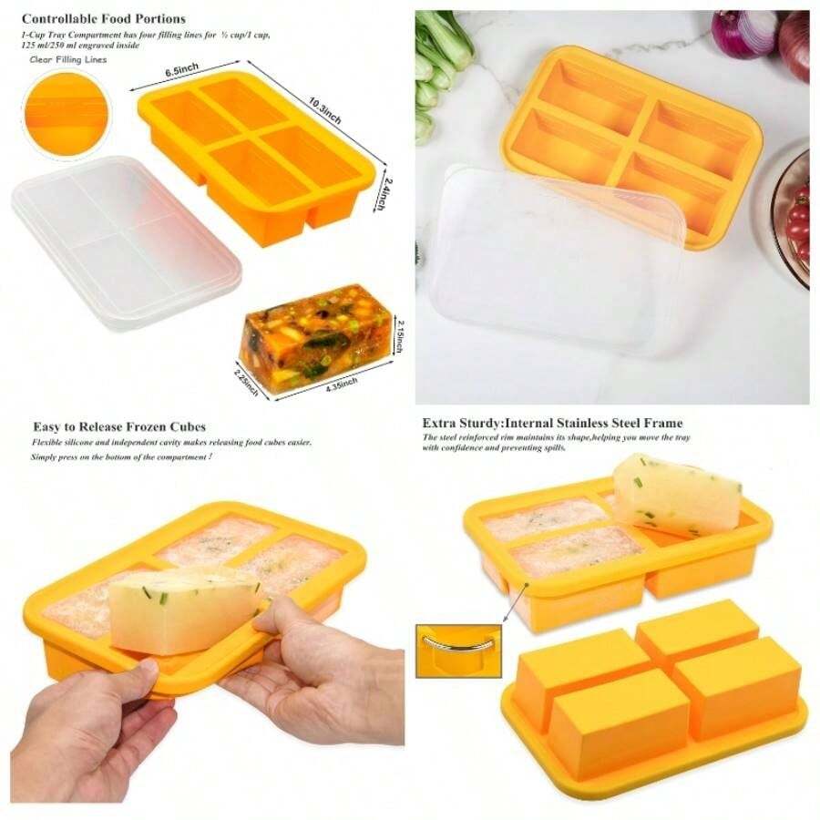 1 - Cup Silicone Freezer Trays With Lid, 2 Pack, Easy - Release Silicone Freezing Tray , Soup Freezer Molds, Freeze Store Broth, Sauce, Leftovers - Makes 8 1 Cup Portions - 1 + 黃色 - 查看 1