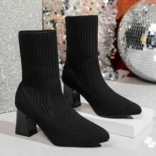 Boots For Women Ankle Booties Knit Sock Boots Pointed Toe Chunky Heel Lightweight Comfort Booties Slip On Ladies Fall Boots Dressy Vintage Fall Winter Casual Boot - 黑色 - 查看 3