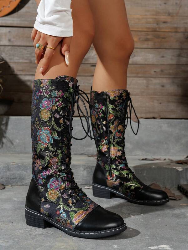 بوت نسائية متوسطة الطول مطرزة بالزهور للخريف/الشتاء، بوت بسحاب جانبي وأربطة عصرية، بوت بأصابع مستديرة وكعب سميك مريحة ومانعة للانزلاق، للحفلات