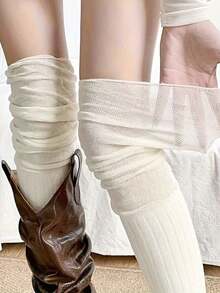 1 Pair Elegant Mori Girl Style Striped Over The Knee High Socks, Slim Spring/Autumn - 白色 - 查看 6