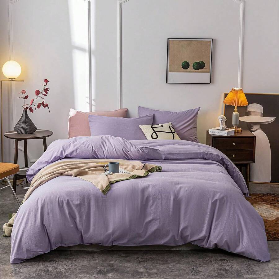 Ultra Soft 100% Cotton Solid Color Dusty Pink Queen Duvet Cover Set With Zipper Closure - 3 Pieces, In 2025 - Purple - View 1