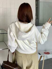 Áo hoodie nữ tay dài dáng rộng in khẩu hiệu, kiểu dáng thường ngày, có khóa kéo, thích hợp cho mùa xuân. - Màu be - Xem 6