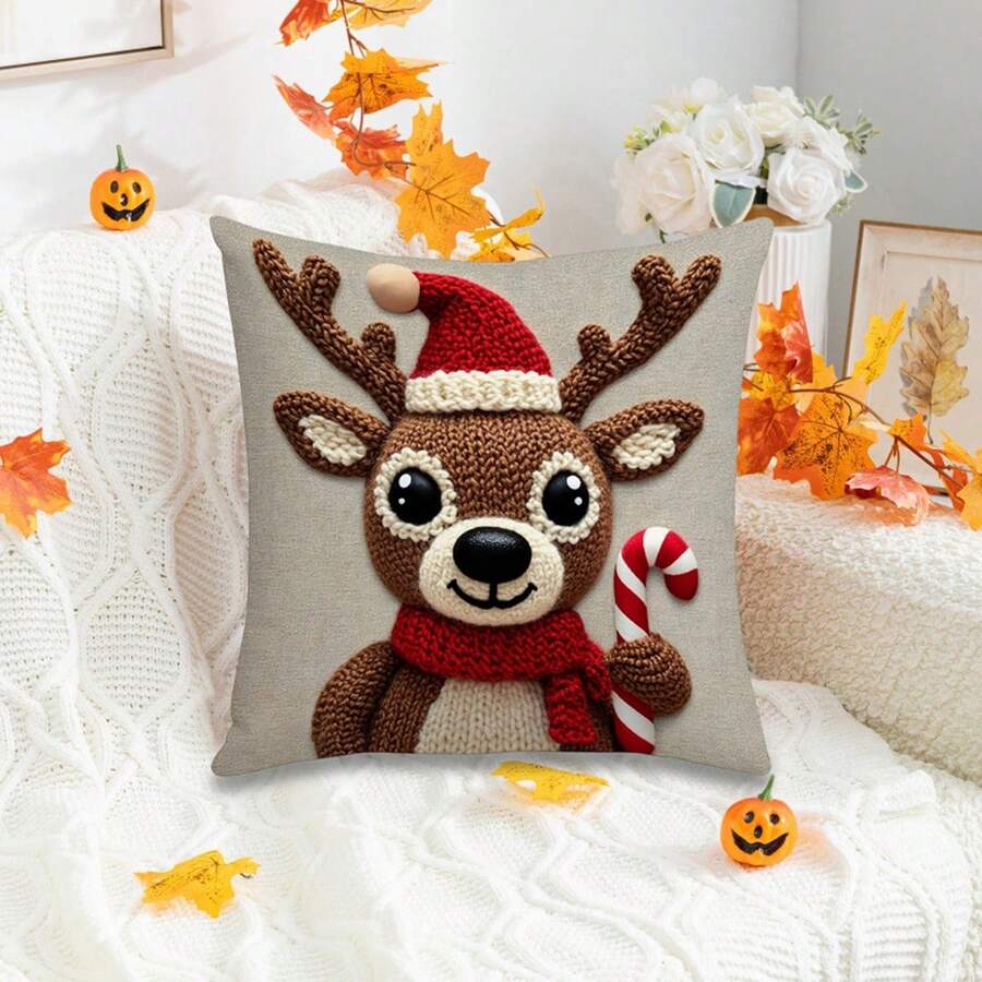 Fundas de cojín navideñas con diseño de muñeco de nieve, Papá Noel y reno. Decoración invernal para el hogar, ideal para fiestas navideñas. - caqui oscuro - Ver 1