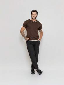 Men's Rib Knit Short Sleeve T-Shirt Basic Chic Duocolor Links Crew Neck Premium Quality Spring Summer 26 Men's Rib Knit Short Sleeve T-Shirt Round Neck High Stretch Regular Fit Tee - 鏽棕色 - 查看 3