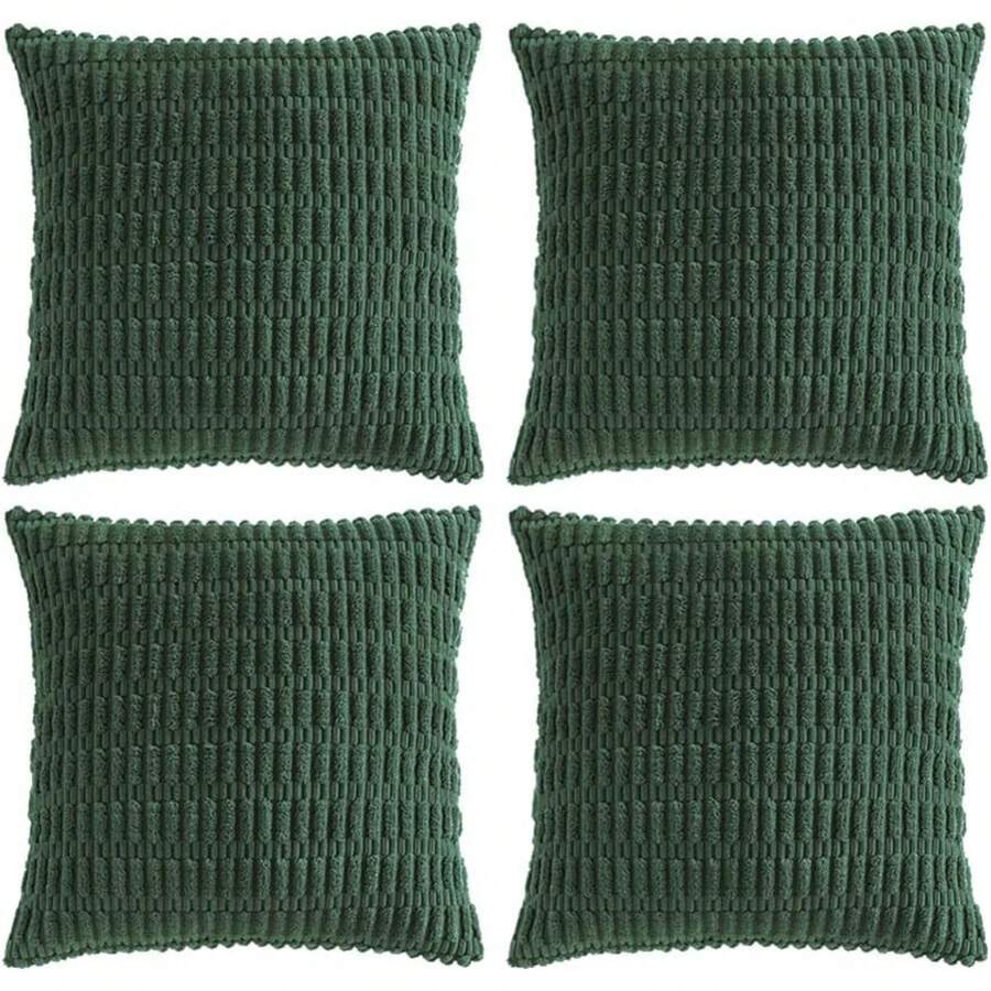 4 Pack 20x20 Inch Striped Corduroy Throw Pillow Covers, Rustic Boho Home Decor - 50x50 Cm - Dark Green - View 1