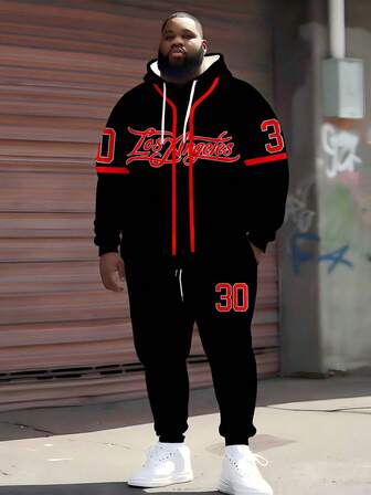 ZhuYa 热销“洛杉矶独特字母”撞色加大码男士连帽衫套装，春秋运动两件套 - Ins 风格加大码宽松连帽卫衣+抽绳运动裤，街头嘻哈百搭