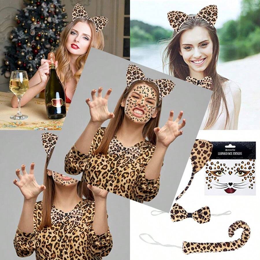 Leopard Costume SetBlack Golden Leopard Print Face Stickers And Cat Ears Headband Bow Tie Tail For Halloween Cosplay Accessories