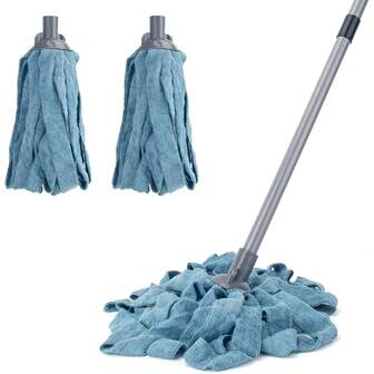 Mops For Floor Cleaning,One Mop Handle With 2 Blue Microfiber Cloth Mops  Replacement,String Wet Mop Refills Compatible With 0.8" Diameter Stick(1 Pole & 2 Heads)