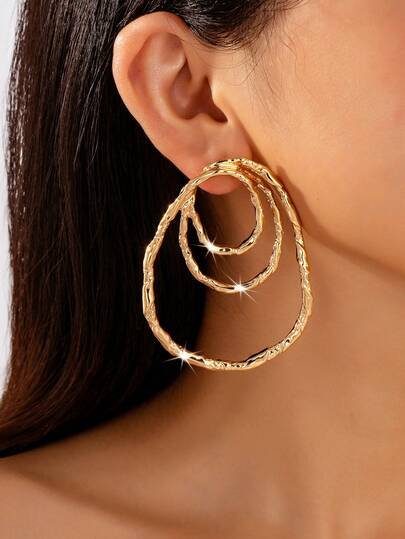 1 par de pendientes colgantes de estilo europeo y americano, de gran tamaño, con múltiples capas, líneas geométricas huecas y textura martillada, joyas únicas para mujeres, pendientes dorados, adecuados para todas las ocasiones, un gran regalo