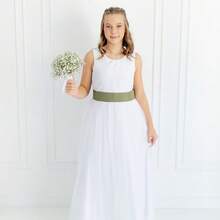 White Long Dress With Olive Pleats And White Tulle Skirt With Sash REF4072 - Olive Green - View 1